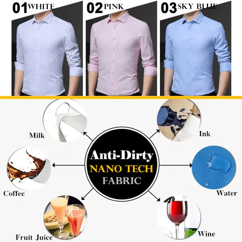 Men Waterproof Anti-Dirty Free-ironing Business Shirts Hydrophobic Stainproof Antifouling Quick Dry Top Long Sleeve Shirt M-5XL