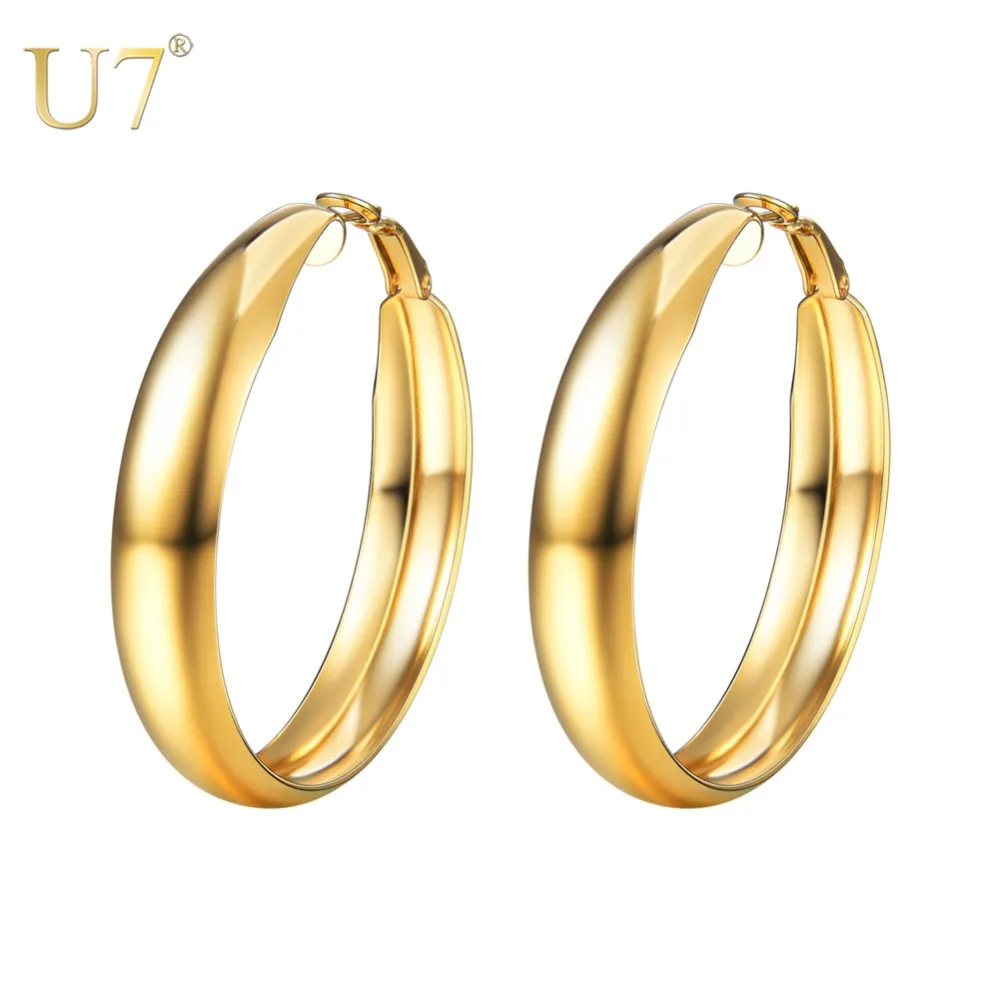 U7 Chunky Stainless Steel  40mm Round Hoop Earring Gold Color Vintage Women Brincos Jewelry