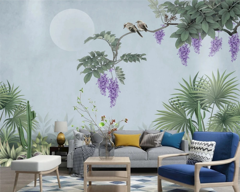 beibehang Customized modern wallpaper new Chinese hand-painted wisteria flowers birds background decorative painting wall paper