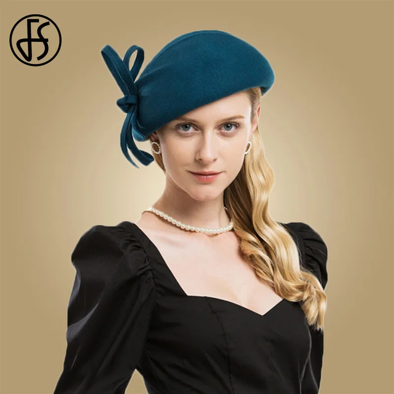 FS Women Black Wool Felt Fedoras Ladies Wedding Elegant Church Fascinator Bowknot Cocktail Derby Cap Vintage Pillbox Millinery