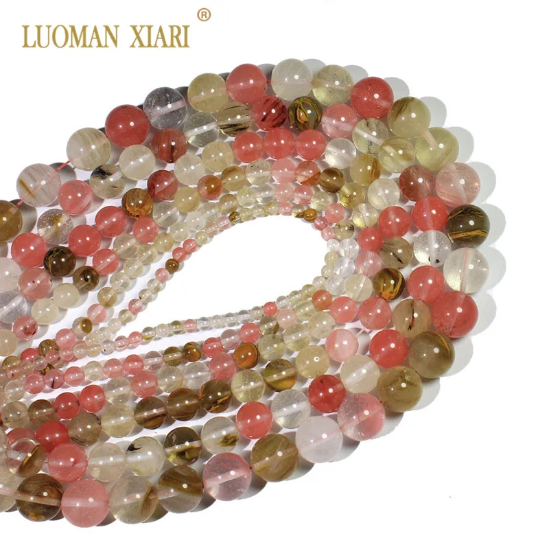Round Watermelon Round Natural Mixed Crystal Beads  Stone Beads For Jewelry Making DIY  Bracelet Necklace 4/6/8/10mm Strand 15\'\'