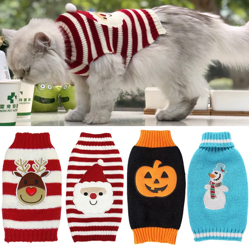 8 Color Christmas Pet Cat Sweater For Cats Halloween Clothes For Small Dogs Cats Kedi Kitten Pullover Santa Clothing Outfits XXS