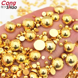 Flatback Half Round Gold Pearl ABS Imitation Pearl Acrylic Rhinestones Scrapbook Beads 3D Non HotFix Nail Art Decoration WC94