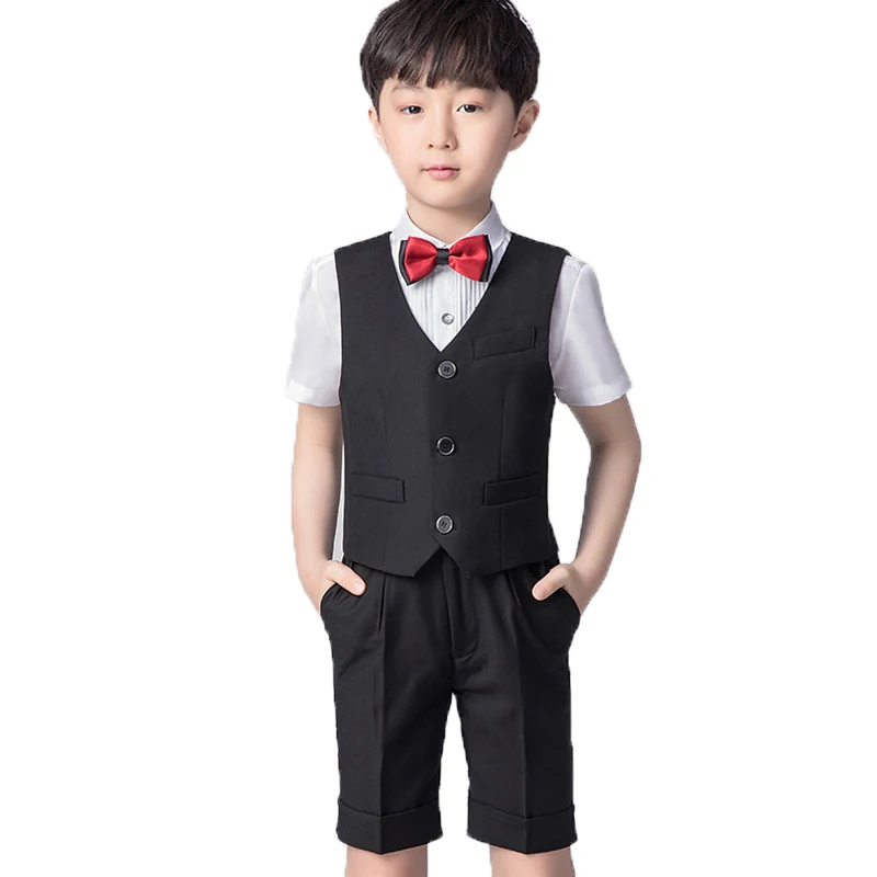 

Boys Summer Formal Suit Waistcoat+Shorts+Bowtie Children Wedding Party Clothing Set School Kids Performance Tuxedo Costume