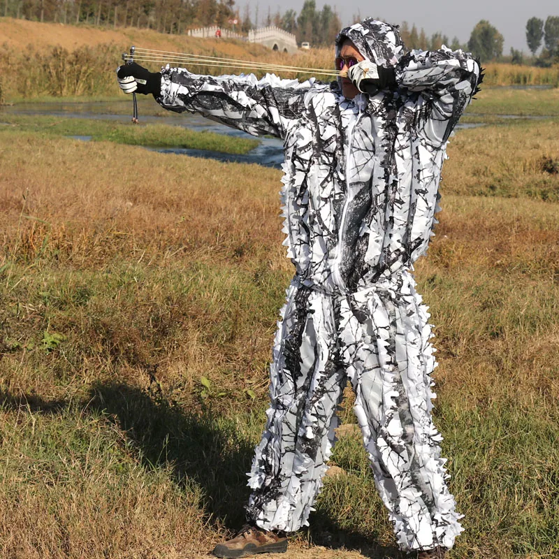 3D Snow Bionic Camouflage Ghillie Suits Winter Hunting Clothing Sniper Archery Snow White Camouflage Suit