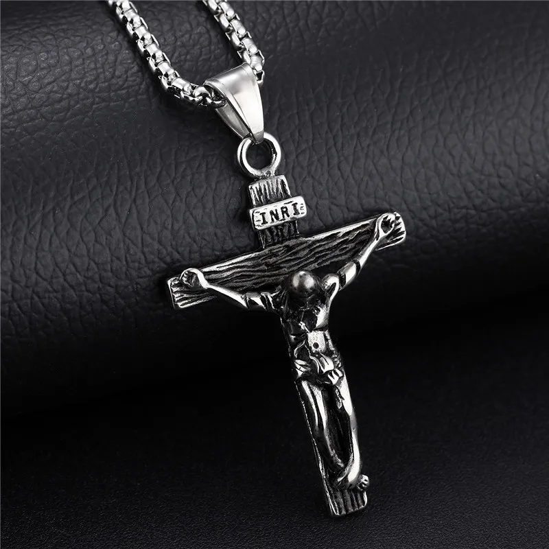 ZORCVENS Cross INRI Crucifix Jesus Piece Pendant & Necklace Gold Color Stainless Steel Men Chain Christian Jewelry Gifts Vintage