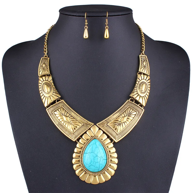 Vintage Indian Jewelry Set Women Alloy Choker Resin Punk Necklace Earring Set Statement Pendant Chain Necklace Set Duftgold