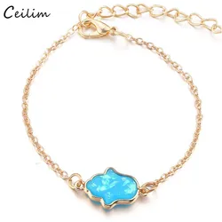2024 New Blue Opal Hamsa Hand Bracelet for Women Fashion Gold Color Link Chain Fatima Charms Bracelets Friendship Lucky Jewelry