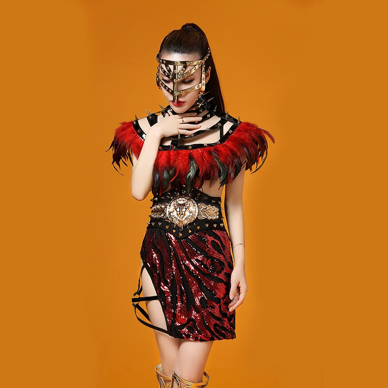 أسود أحمر ريشة الترتر فستان زي حفلة موسيقية ارتداء الزي عيد ميلاد مساء حفلة الكتف تنورة ملهى ليلي المرأة ملابس السهرة