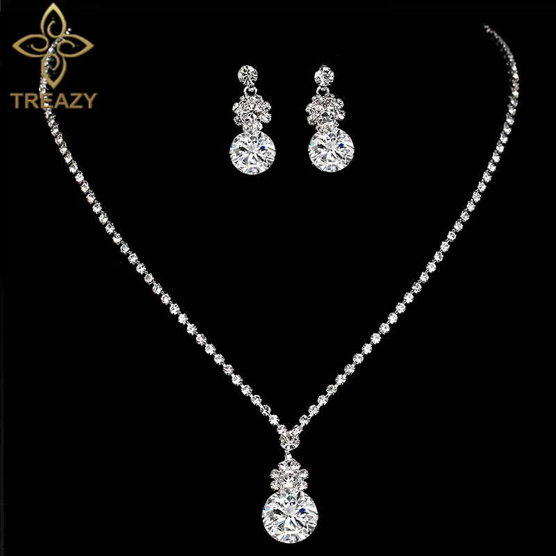 TREAZY Sparkling Zircon Crystal Bridal Jewelry Sets Elegant Drop Necklace Earrings for Women Brides Wedding Party Jewelry Sets