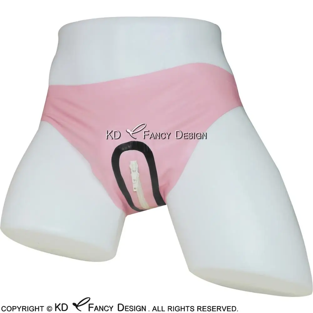 Pink And Black Trims Sexy Latex Briefs With Crotch Zip Rubber Underwears Panties Underpants Pants Panty DK-0092