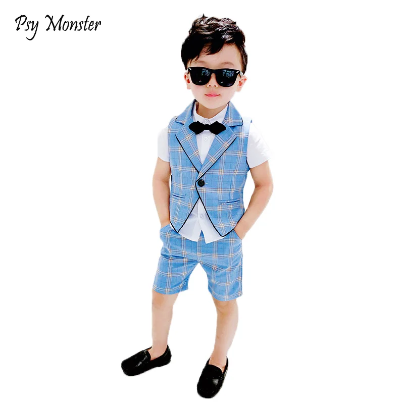 Kids Boys Summer Vest+Shorts 2PCS Clothing Set Gentleman Wedding Dress Children Plaid Party Formal Wear Suit F130