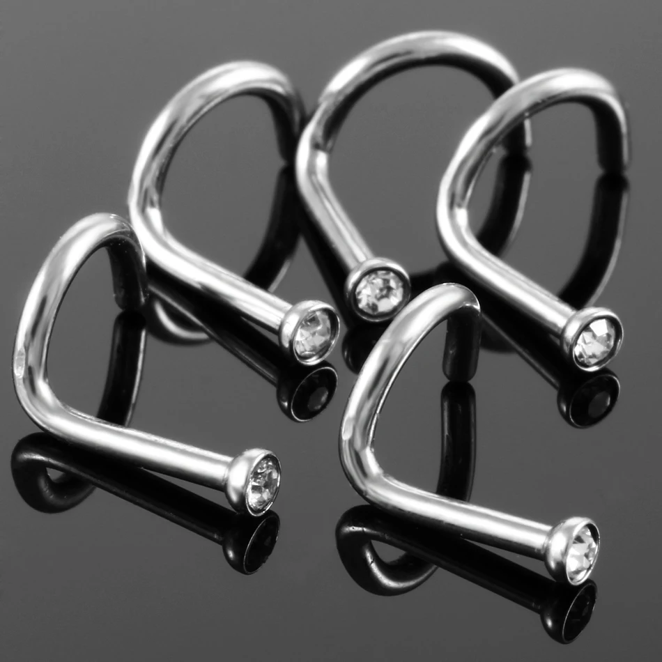 10pcs/lot Surgical Steel Crystal Gem S Shape Nose Screw Rings Piercing Nazir Nose Stud Cartilage Sexy Fashion Jewelry 18g&20g