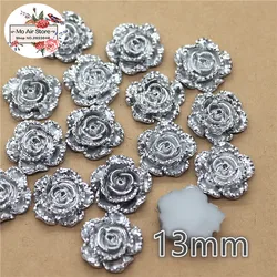 100pcs 13mm silver flower resin flatback cabochon DIY jewelry/phone Charm decoration No Hole