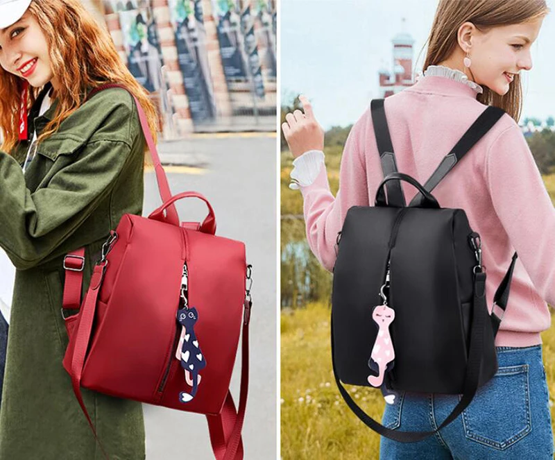 Yogodlns Frauen Rucksack Neue Mode Oxford Tasche Einfarbig Reise Rucksack Damen Kleinen Rucksack Mit Katze Anhänger – Detail 9