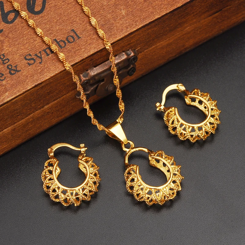 Bangrui Ethiopian Gold Color set Jewelry Pendant Chain Earrings African Bride Wedding Flower Bijoux