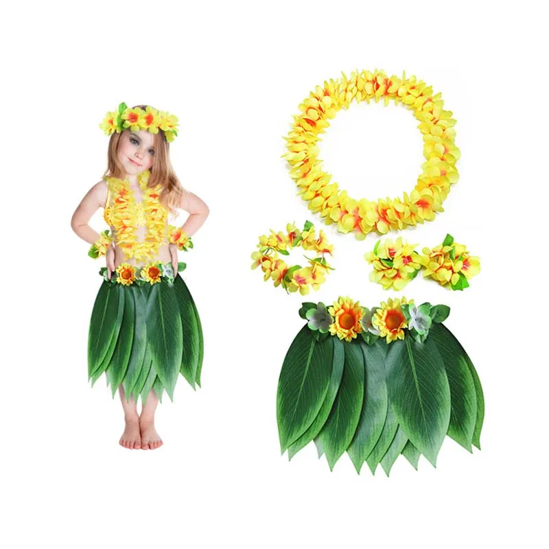 5pcs/set children Turtle Leaves Hawaiian Dance Costumes girls Hula Skirt Hawaiian Party  Grass Clothing Dress jungle costume