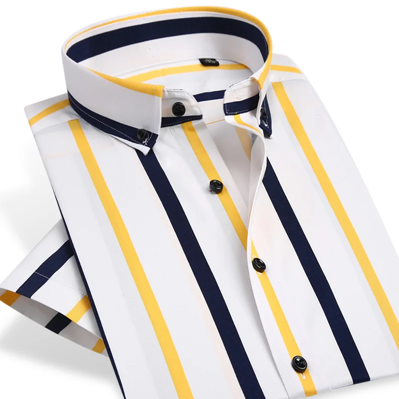 Colorful Stripe Short Sleeve Shirts Summer Hot Men Dress Shirt Button Down Male Business Casual Social Clothing Slim Fit