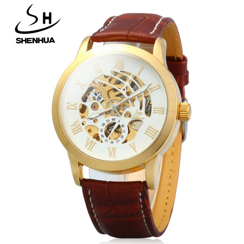 New Automatic Watch Luxury Mechanical Watch Men SHENHUA Automatic Self Wind Skeleton Watches Leather Band Mechanical Watch