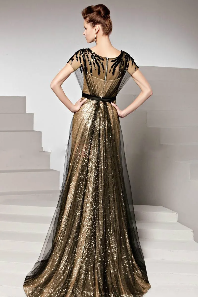 New Fashion Scoop Crystal Black Tulle Long Evening Dress Gold Sequn Lace Long A line Elegant Evening Gowns Custom Make