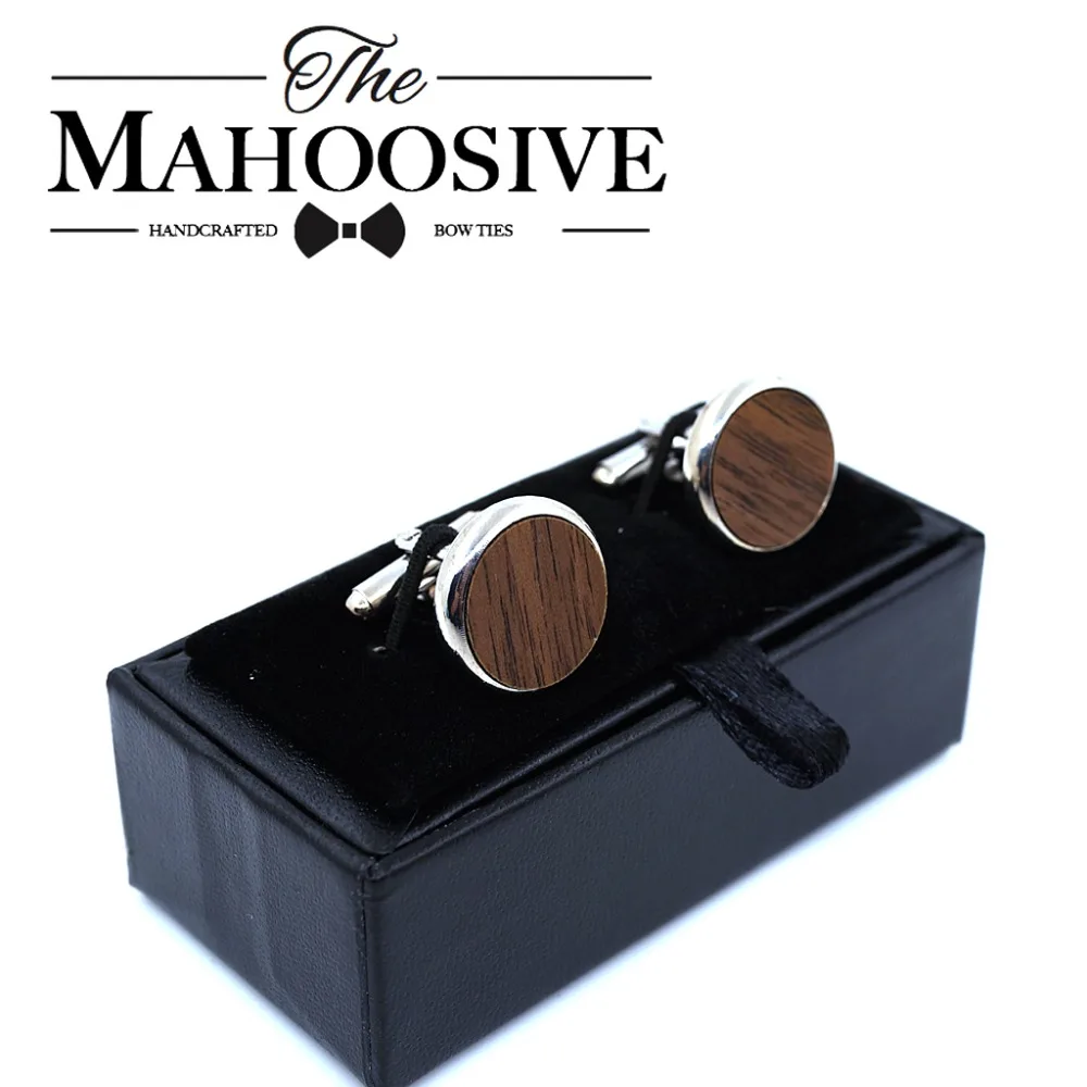 MAHOOSIVE Wooden Cufflinks Wedding Groom Round Black Walnut Cufflinks For Mens shirt accessories Casual Cuff Link with Gift box