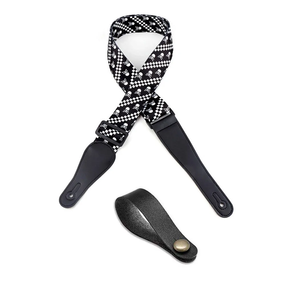 Black&White Skull Guitar Strap Polyester Woven + 1 Black Leather Guitar Head Stock Strap Tie