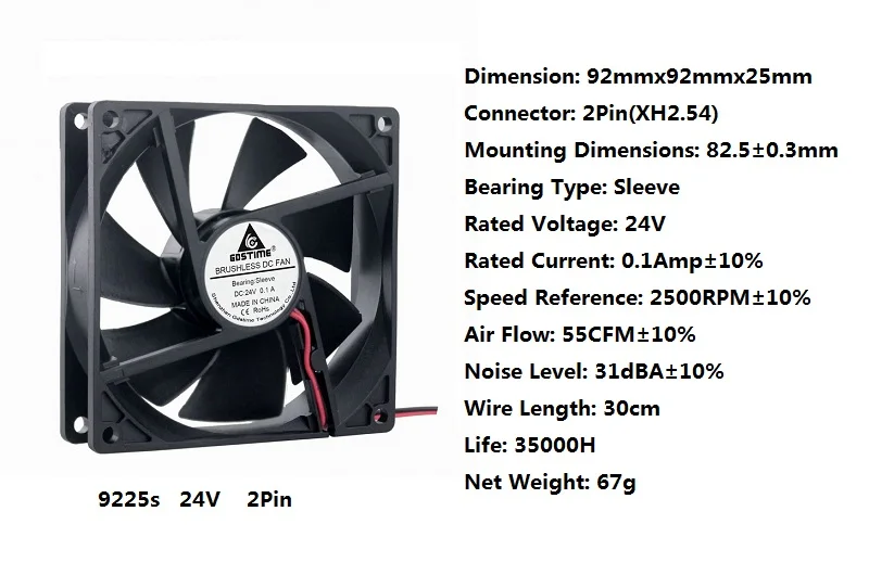 2 Pcs Gdstime DC 24 Volt 92mm 92x92x25mm Axial Flow Mechanical Brushless Cooler Cooling Fan 24V 90mm