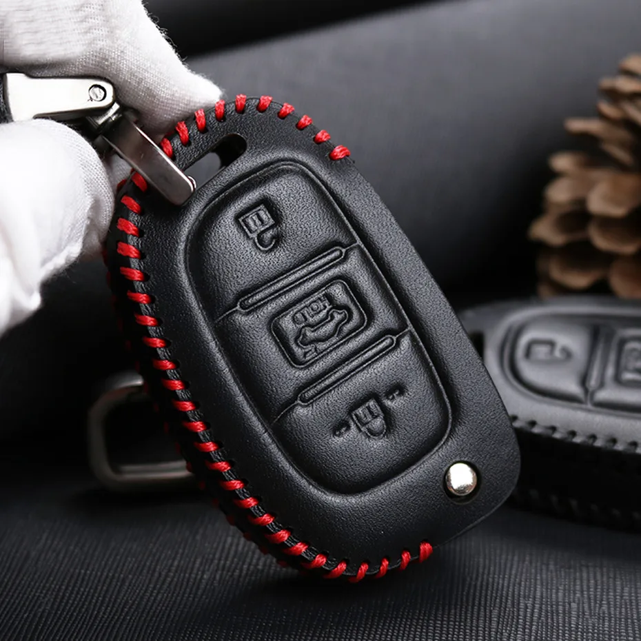 Leather Car Key Case Cover For Hyundai Creta I10 I20 Tucson Elantra Santa Fe Protection Key Shell Skin Bag Only Case