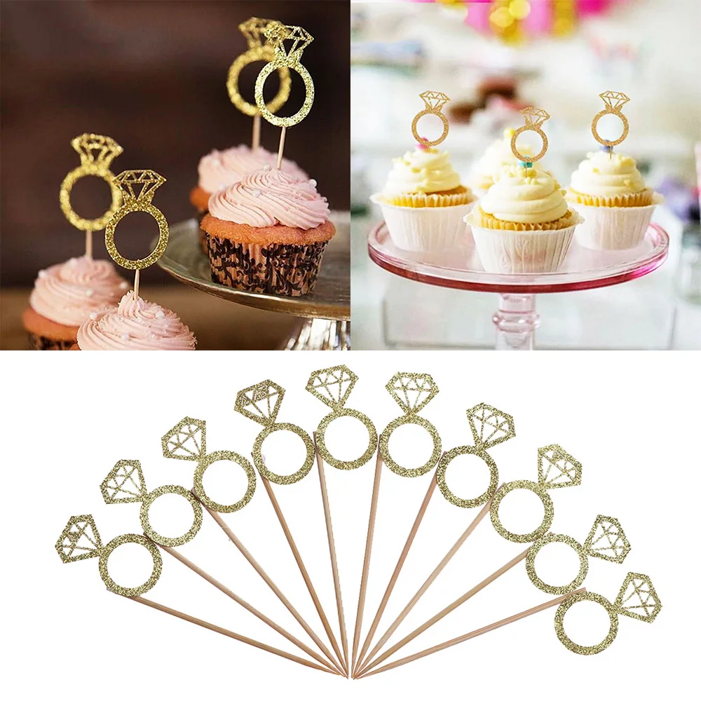 20PCS Gold Glitter Diamond Ring Cupcake Cake Toppers Wedding Prom Cake Decorations Wedding Ceremony Birthday Party Decor