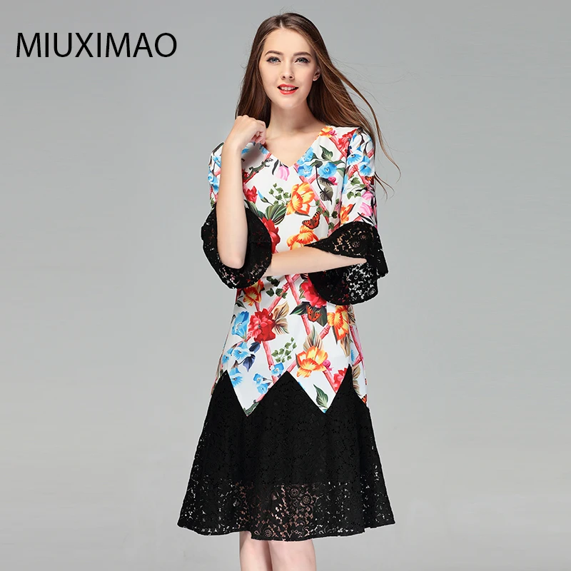 

2023 High Quality Spring&Fall Newest Cute Style Dress 3/4Sleeve V-neck Elegant Trumpet Fishtail Lace Mini Dress Women Vestide