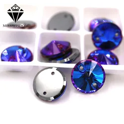 High quality flatback glass sew on rhinestones double hole Round Purple blue light crystal rhinestone diy clothing accessories