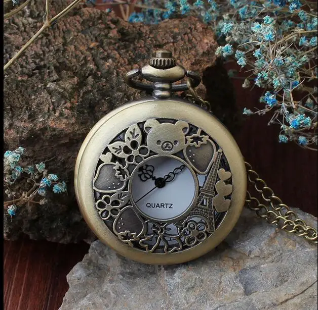 New Bronze antiques gear Little Bear roses Hollow woman quartz pendant Necklace pocket watches gift OKJ53