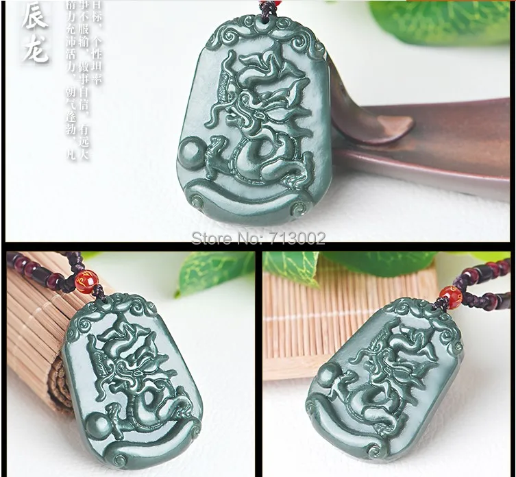 Handwork Carven gray jade jadeite Dragon Pendant Sapphire Amulet Lucky zodiac TALISMAN