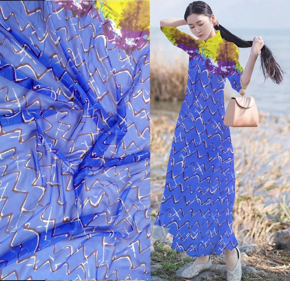 Telas Pure 100% Mulberry Silk Chiffon Fabric Sky Blue Geometry Line Print Silk Fabric Material Textile Women Dress Scarf Tissus