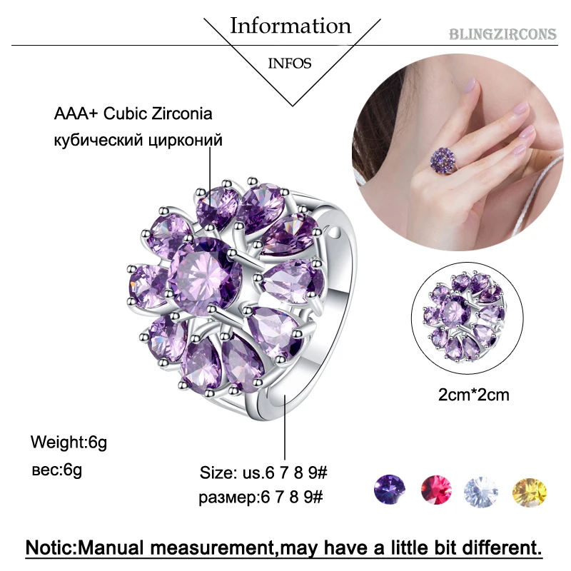 BeaQueen Fashion Women CZ Engagement Party Jewelry Purple Red Yellow Cubic Zircon Stones Lovely Sunflower Finger Rings R073