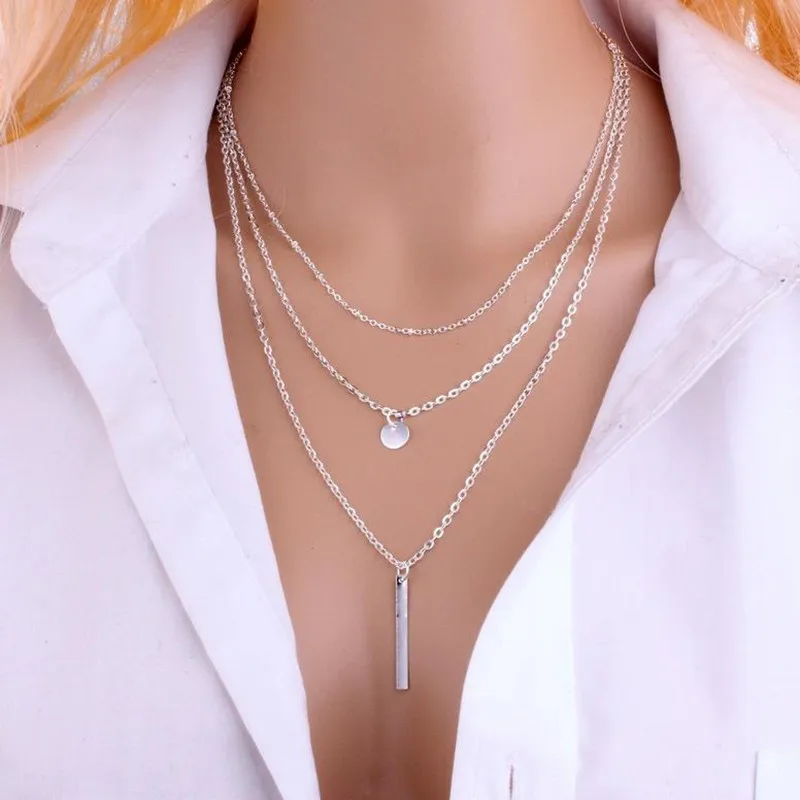 NK672 New European Simple Sequins Bar Coin Multilayer Chain Tassel Tiny Clavicle Necklaces For Women Jewelry Gift Girl Collier