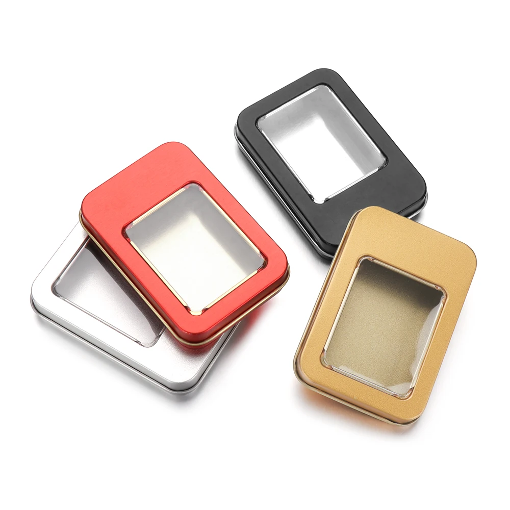 1Pc Hot Rectangular Jewelry Storage Case Clear Window Top Metal Tin Can Box Crafts Box For Home Storage Dampproof Containers