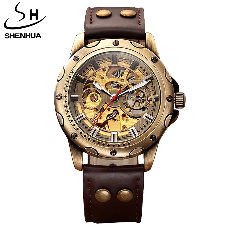 Watch Men Mechanical Automatic Watch Steampunk Skeleton Self Winding Mens Watch Retro Leather Wristwatch Male Clock montre homme