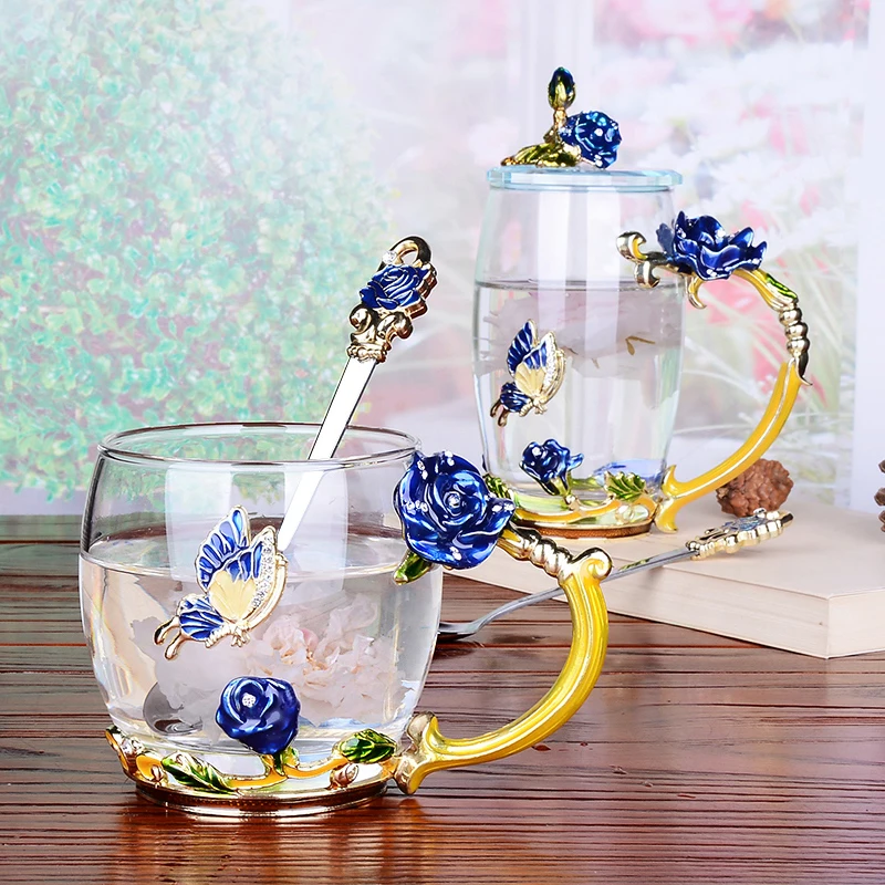 Blue Rose Blossom and Rhinestones Decorated Enamel Coffee Cup Mug Flower Tea Glass  Milk Cups Alloy Handgrip Cups and Mugs Gift