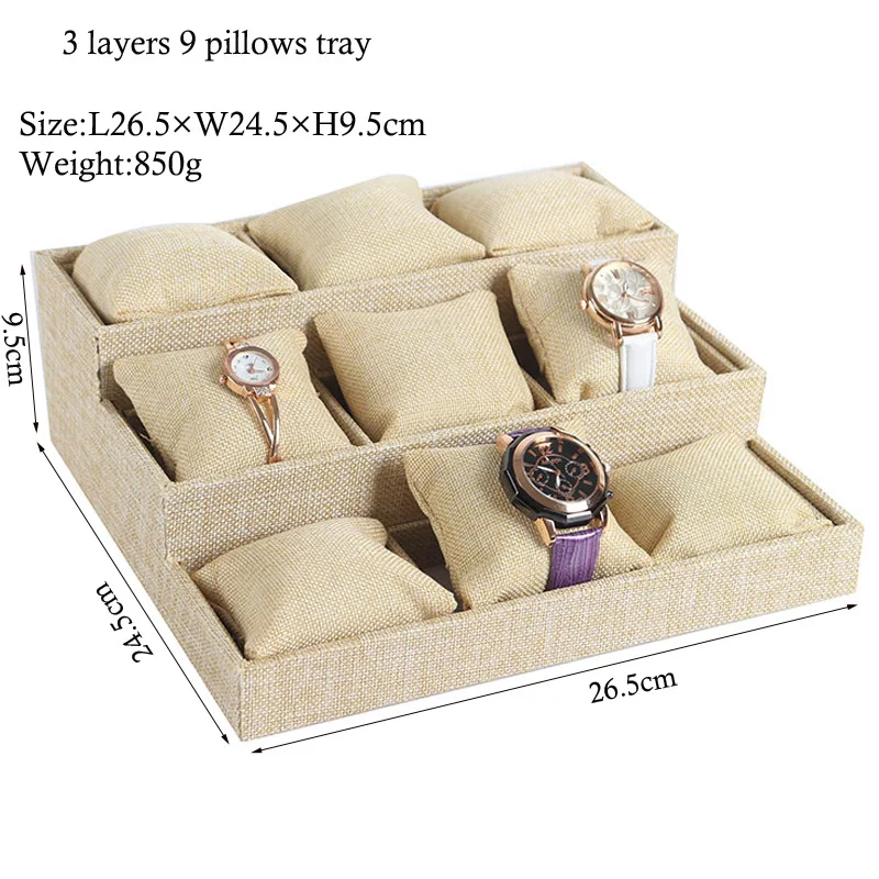 Fashion 9 Pillows Tray Wrist Watch Jewelry Tray Luxury Wrapped Black/Gray Velvet Linen Fabric Bracelet Holder Hand Chain Display