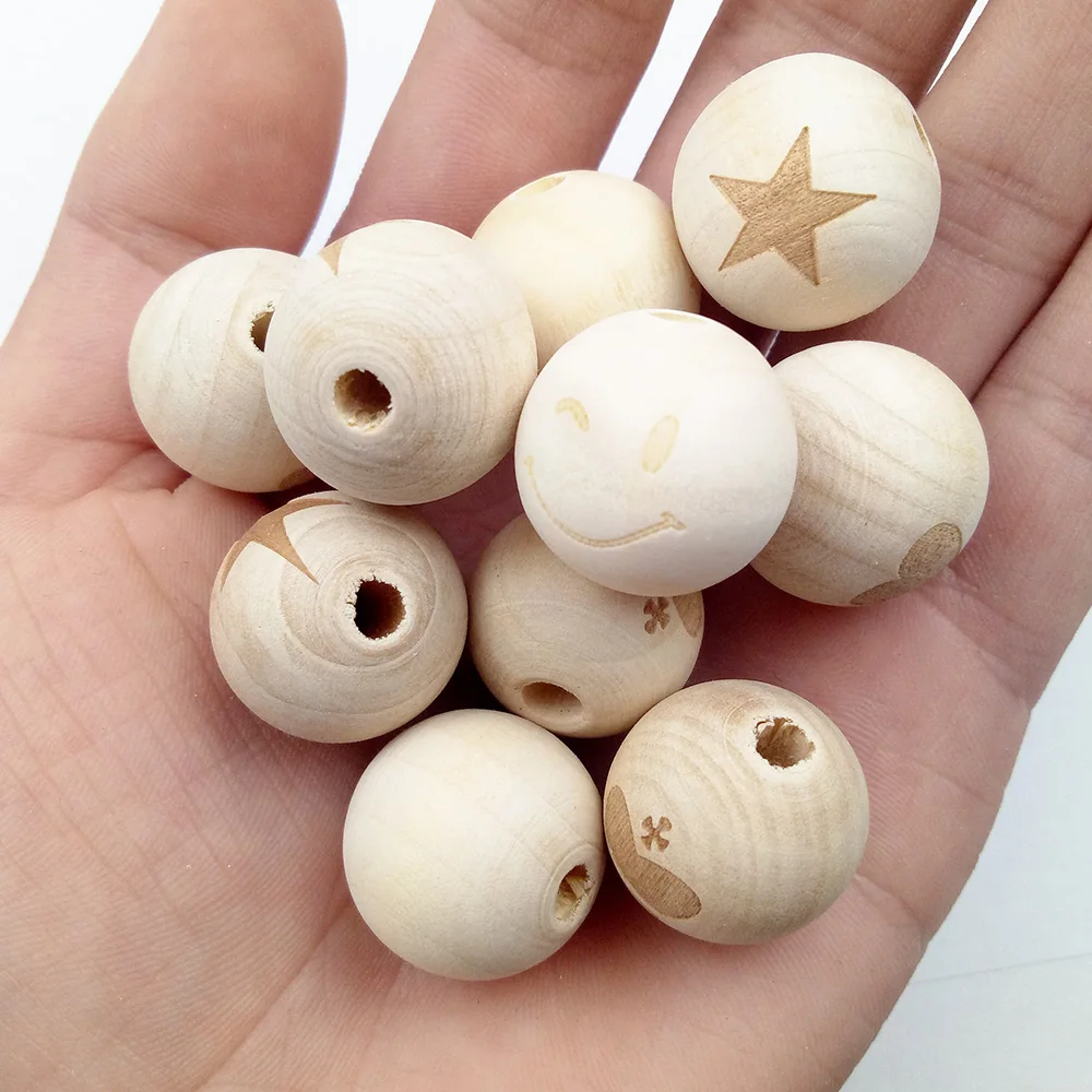 10pc/lot 20mm Round Natural Wood Beads Smiling Face Heart Star Baby Teether Child Teething Wooden Beads for Jewelry Making DIY