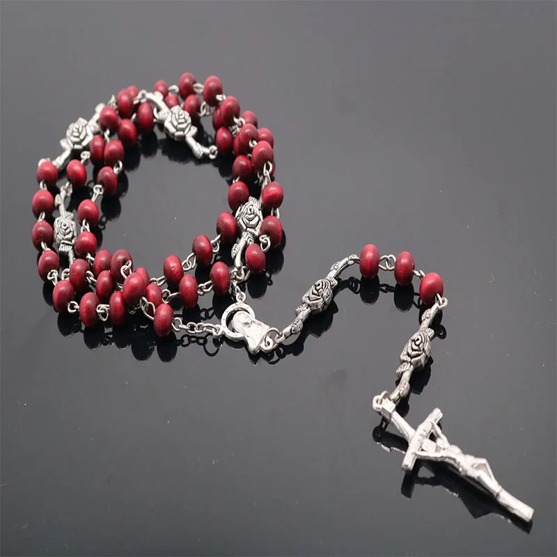 6mm scented Rosary Catholic Rosary Necklace, Round Red Wooden Beads, St. Benedict XVI\'s Cross Necklace Rosary