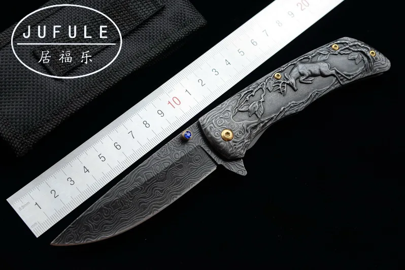 JUFULE design Deer Damascus pattern folding camp hunt pocket Survival EDC tools Tactical outdoor flipper 3504 kitchen knife