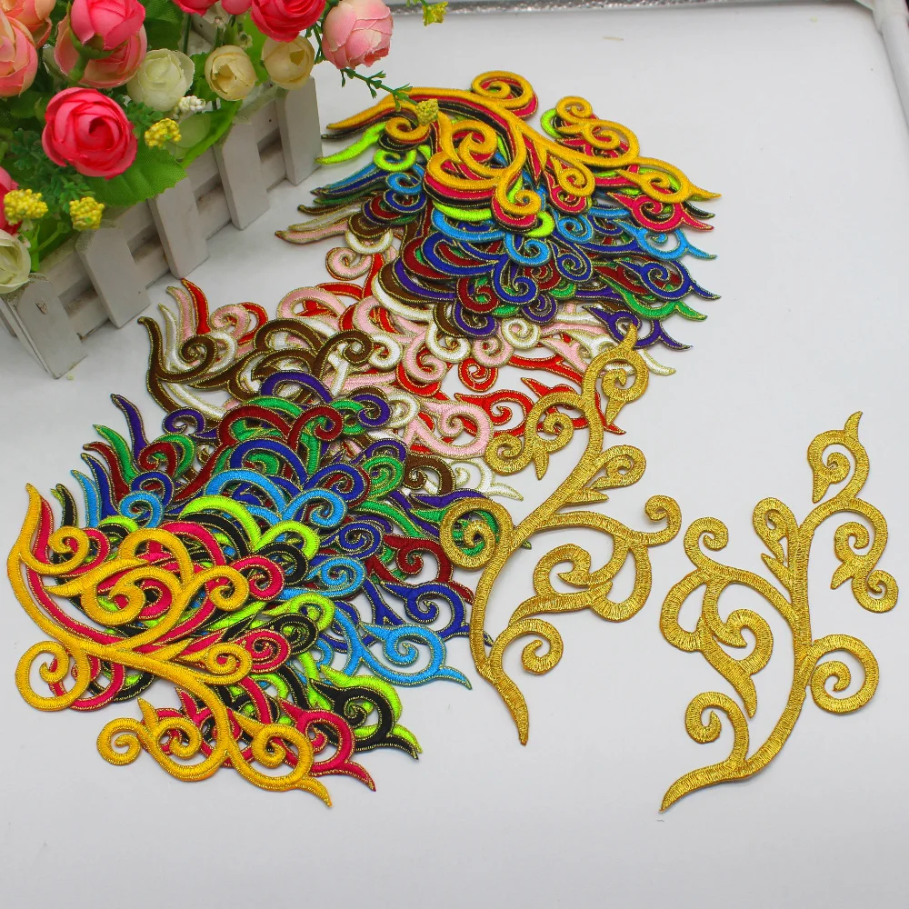 2 Pieces Gold Trim Iron on Flower Embroidered Patches Mirror Pairs Applique Costume Cosplay 18-9cm