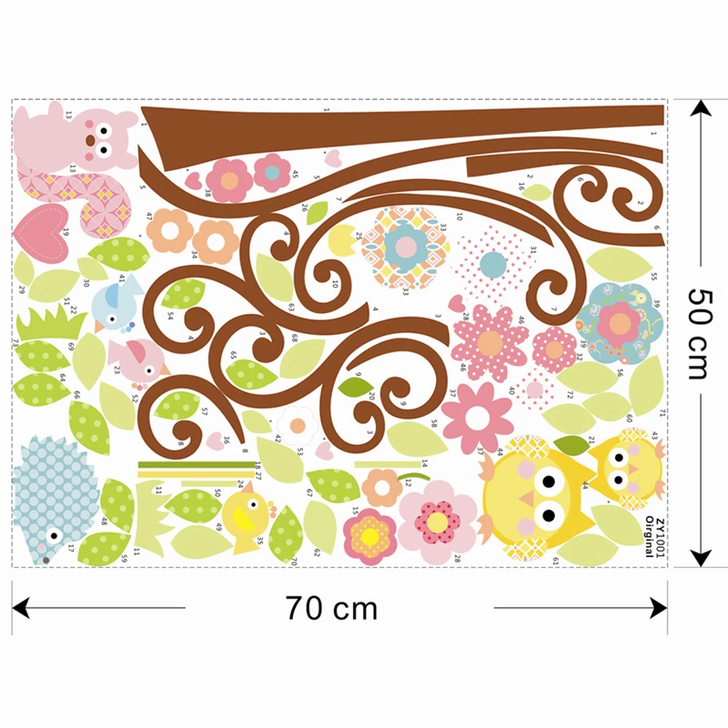 Cute Owlets On Floral Tree Wall Stickers For Kindergarten Kids Room Home Decoration Diy Cartoon Owls Animal Mural Art Pvc Decal