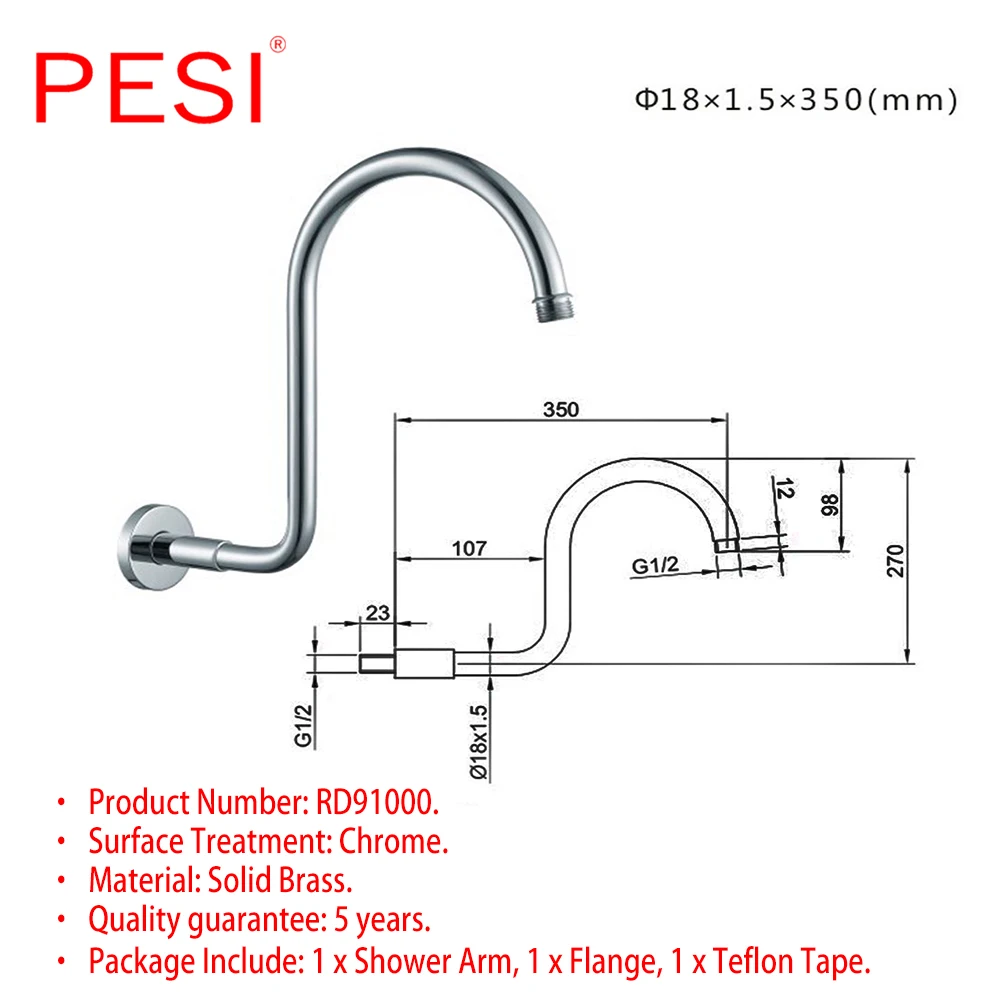 Chrome or Matte Black Wall Mounted Shower Arm Bathroom Shower Head Bracket Bar G1/2 Shower Head Fixed Pipe Shower Head Holder