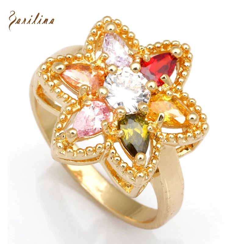 New 2021 Top Quality Fashion Jewelry Star Colorful Cubic Zirconia Gold Rings Size 6 7 8 9 10 R266