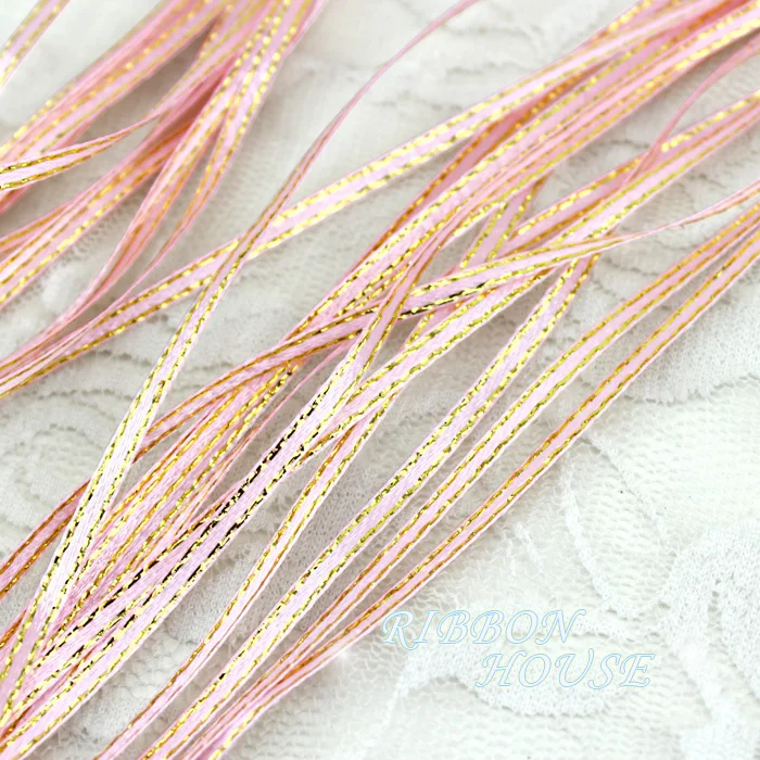 (40 meters/lot) 1/8\'\' (3mm) Pink Gold Edge Satin ribbons wholesale