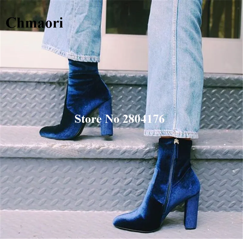 

Hot selling blue Women ' s Spring Autumn Ankle Boots High Heel Pointed Zipper Shoes Solid Square Heel Pointed Toe Flock Shoes