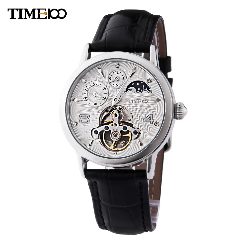 Men\'s Automatic Self Wind Mechanical Sport Watch Sun Phase Skeleton Tourbillon Style Black Leather Strap Watches Birthday Gift